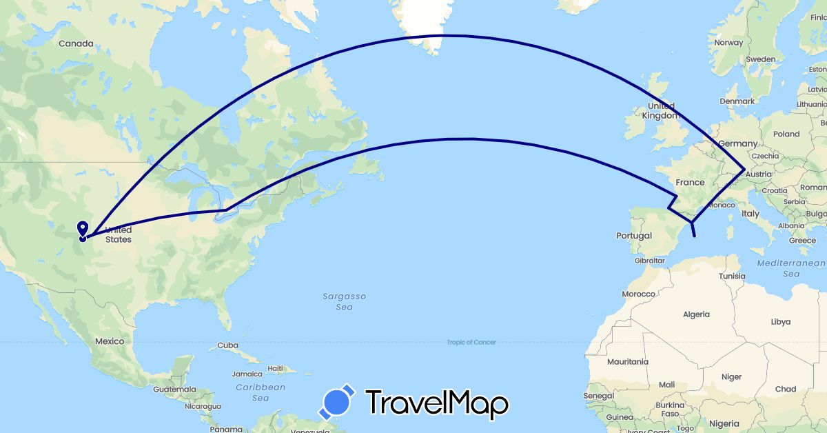 TravelMap itinerary: driving in Canada, Germany, Spain, France, United States (Europe, North America)